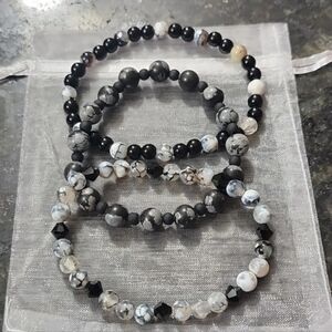 Handmade Black And White Snowflake Jasper and Beaded Bracelet Set